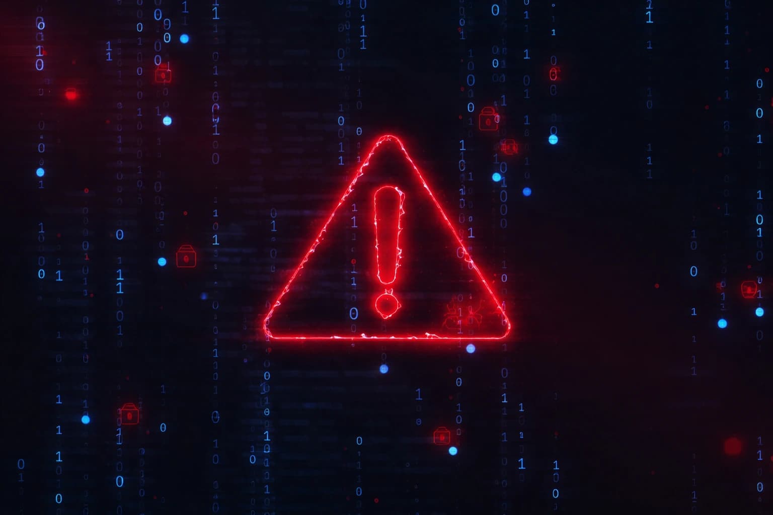 Glowing red warning in digital chaos